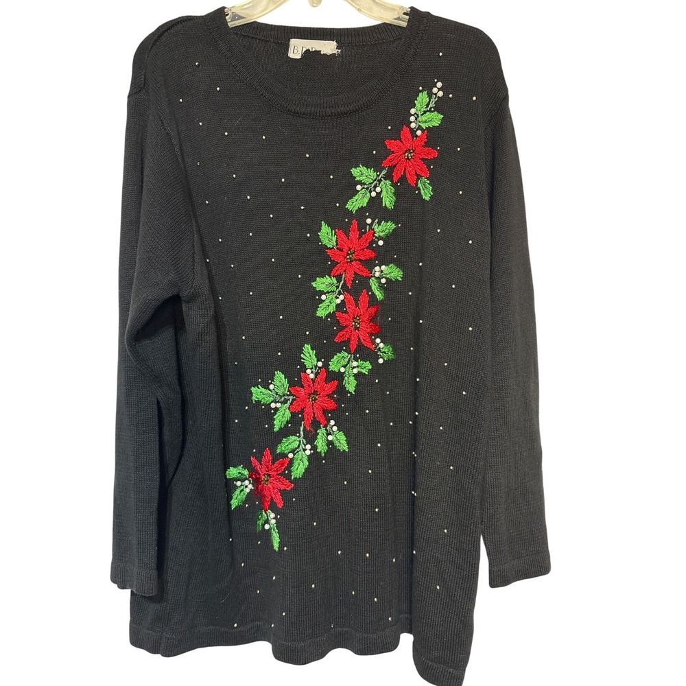 Black Poinsettia Christmas Sweater Long‎ Sleeve Beaded Embellished Holiday XL